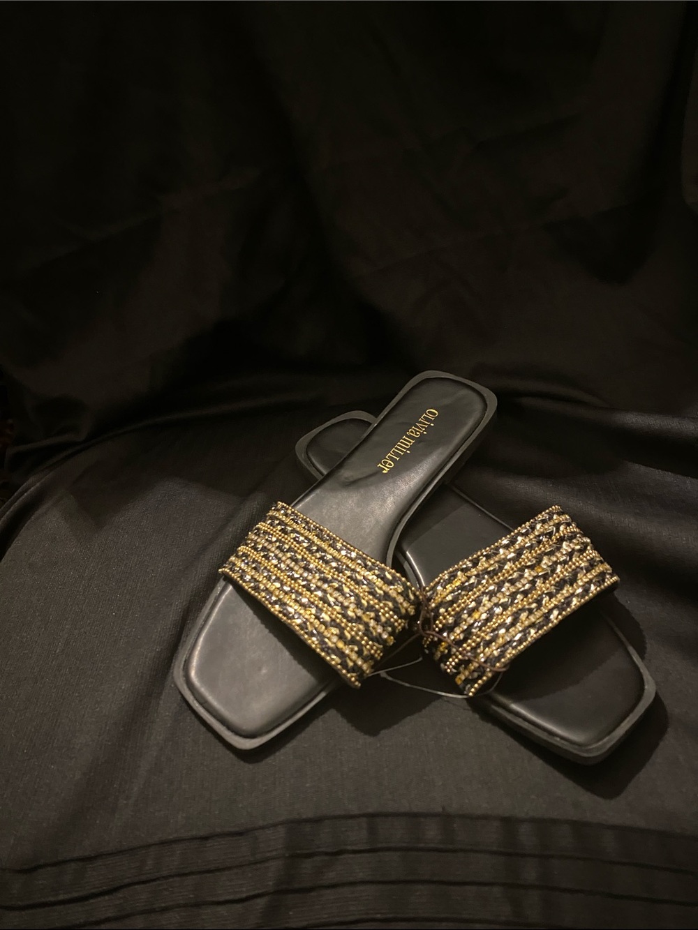 Olivia Miller Black Slides with Gold Beaded Straps